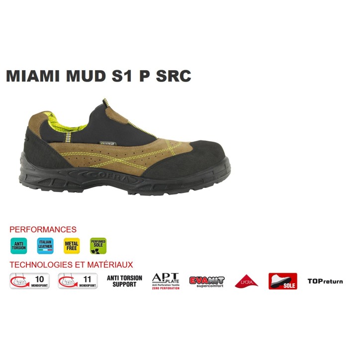 Chaussure sécurité basse MIAMI MUD S1P sans lacet COFRA
