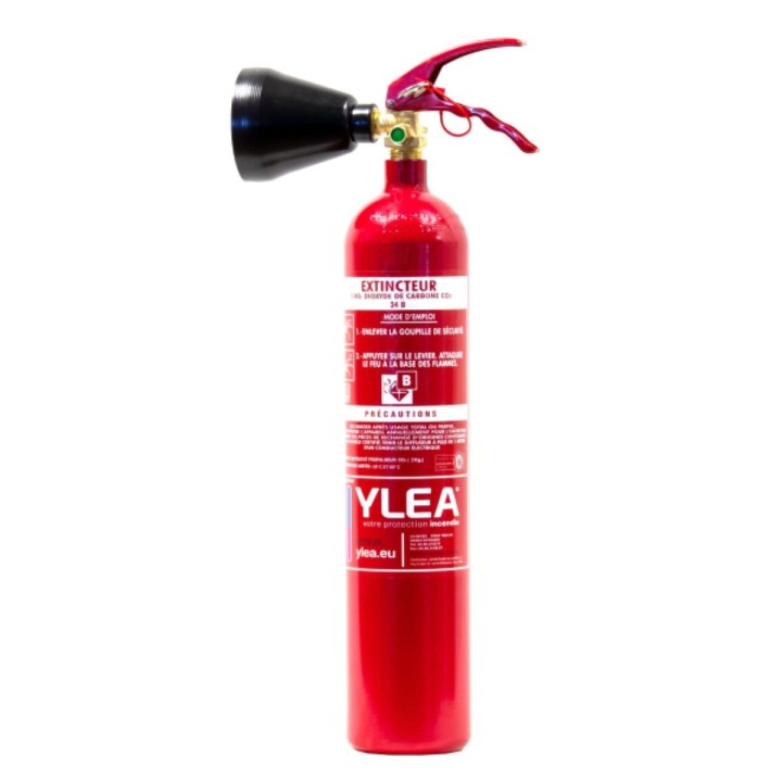Extincteur CO₂ 2 kg YLEA avec support mural - risques électriques gaz carbonique