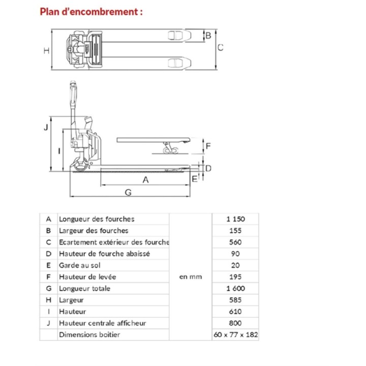 Dimension de notre transpalette électrique peseur 1500 kg TELIP