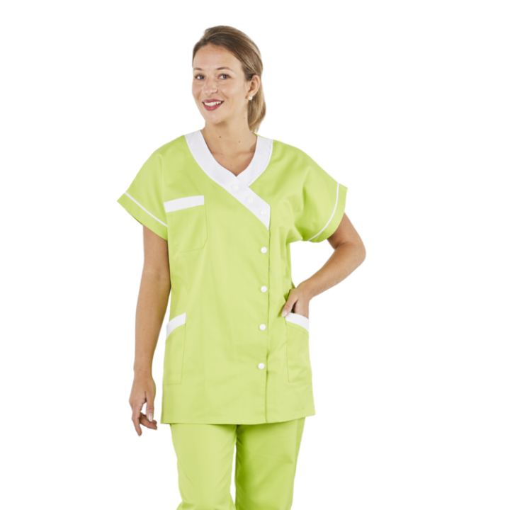Tunique femme médicale poly coton 200gr TANA bicolore vert citron blanc lavage 80°