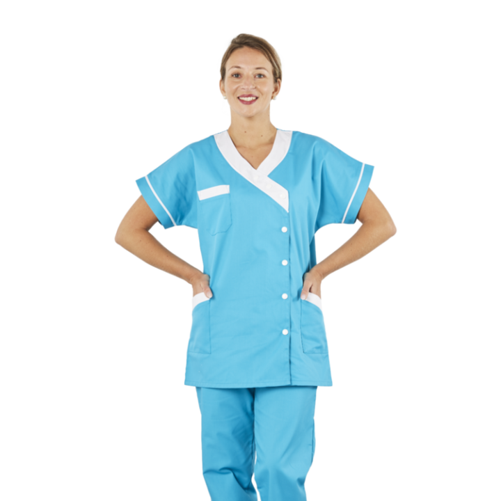 Tunique femme médicale poly coton 200gr TANA bicolore Turquoise/blanc lavage 80°