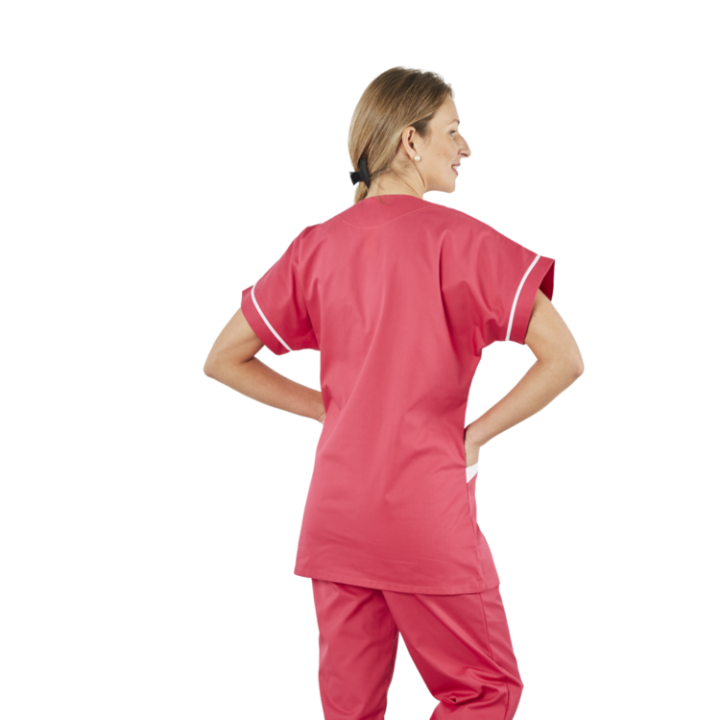 Tunique femme médicale poly coton 200gr TANA bicolore Fushia/blanc lavage 80° dos